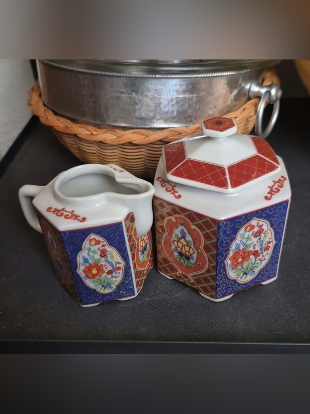 Vintage Dolphin Enchantment Chinoiserie Tea Set Imari Style Sugar & Creamer Pair